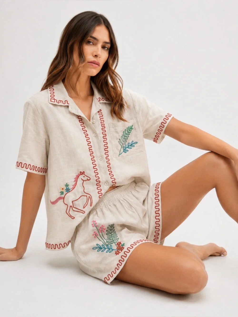 MARBLE Cream Embroidered Kids Pajama Set with Floral & Horse Motifs